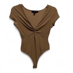 Derek Heart Brown Twist-Front Short Sleeve Bodysuit